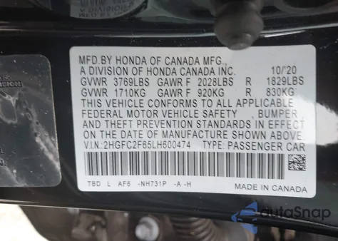 2020 Honda Civic Lx z USA, uszkodzony, nr VIN 2HGFC2F65LH600474